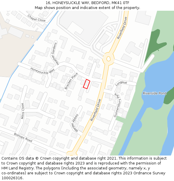 16, HONEYSUCKLE WAY, BEDFORD, MK41 0TF: Location map and indicative extent of plot