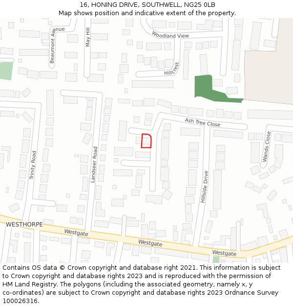 16, HONING DRIVE, SOUTHWELL, NG25 0LB: Location map and indicative extent of plot