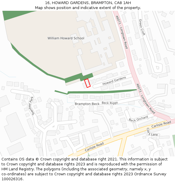 16, HOWARD GARDENS, BRAMPTON, CA8 1AH: Location map and indicative extent of plot