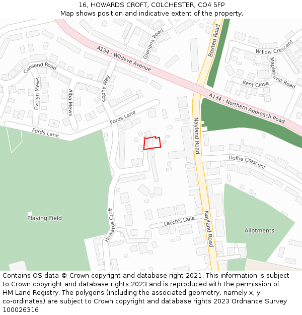 16, HOWARDS CROFT, COLCHESTER, CO4 5FP: Location map and indicative extent of plot