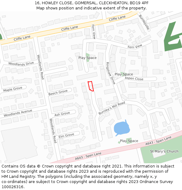 16, HOWLEY CLOSE, GOMERSAL, CLECKHEATON, BD19 4PF: Location map and indicative extent of plot