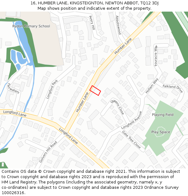 16, HUMBER LANE, KINGSTEIGNTON, NEWTON ABBOT, TQ12 3DJ: Location map and indicative extent of plot