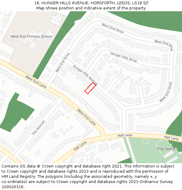 16, HUNGER HILLS AVENUE, HORSFORTH, LEEDS, LS18 5JT: Location map and indicative extent of plot