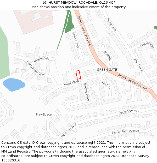 16, HURST MEADOW, ROCHDALE, OL16 4QP: Location map and indicative extent of plot