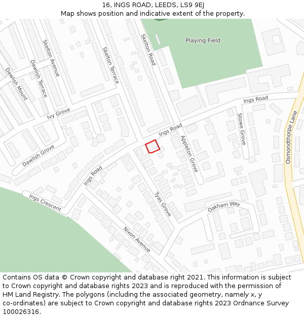16, INGS ROAD, LEEDS, LS9 9EJ: Location map and indicative extent of plot
