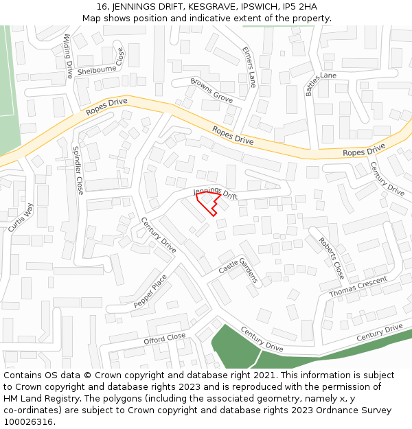 16, JENNINGS DRIFT, KESGRAVE, IPSWICH, IP5 2HA: Location map and indicative extent of plot