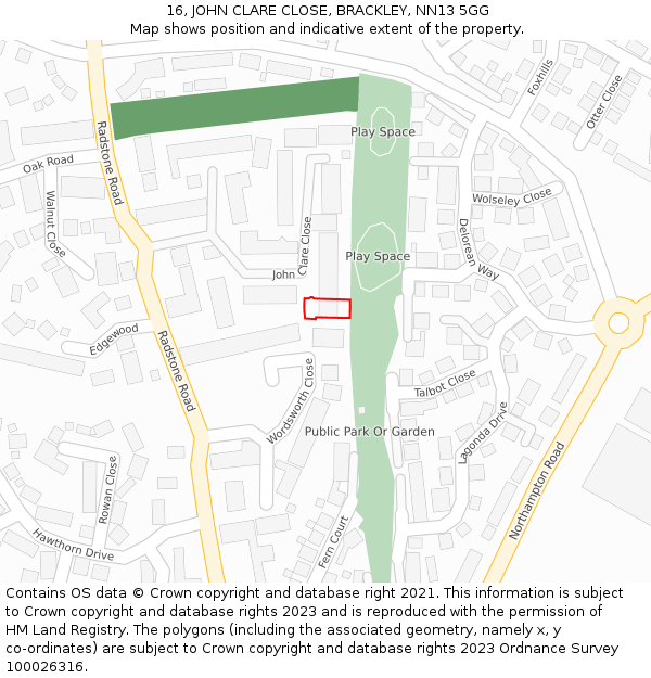 16, JOHN CLARE CLOSE, BRACKLEY, NN13 5GG: Location map and indicative extent of plot