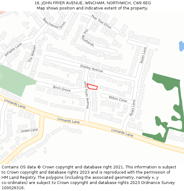 16, JOHN FRYER AVENUE, WINCHAM, NORTHWICH, CW9 6EG: Location map and indicative extent of plot