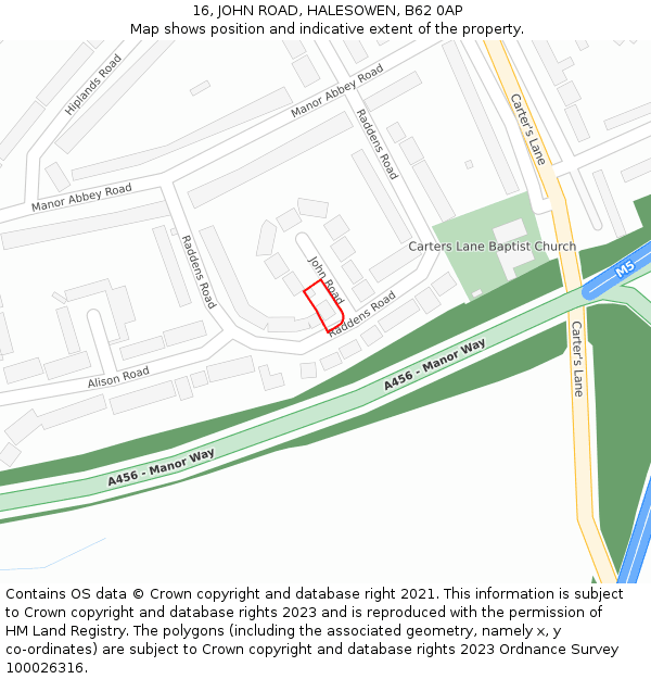 16, JOHN ROAD, HALESOWEN, B62 0AP: Location map and indicative extent of plot