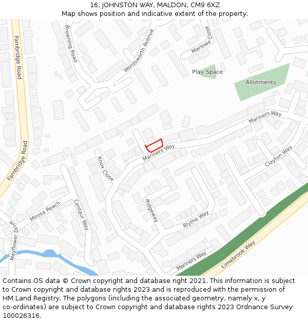16, JOHNSTON WAY, MALDON, CM9 6XZ: Location map and indicative extent of plot