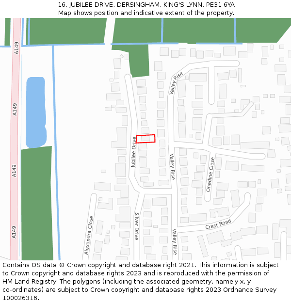 16, JUBILEE DRIVE, DERSINGHAM, KING'S LYNN, PE31 6YA: Location map and indicative extent of plot