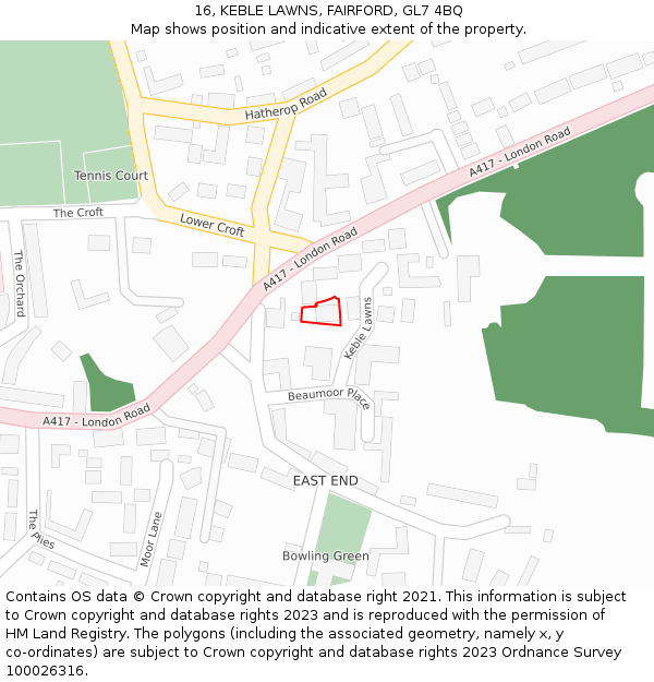 16, KEBLE LAWNS, FAIRFORD, GL7 4BQ: Location map and indicative extent of plot