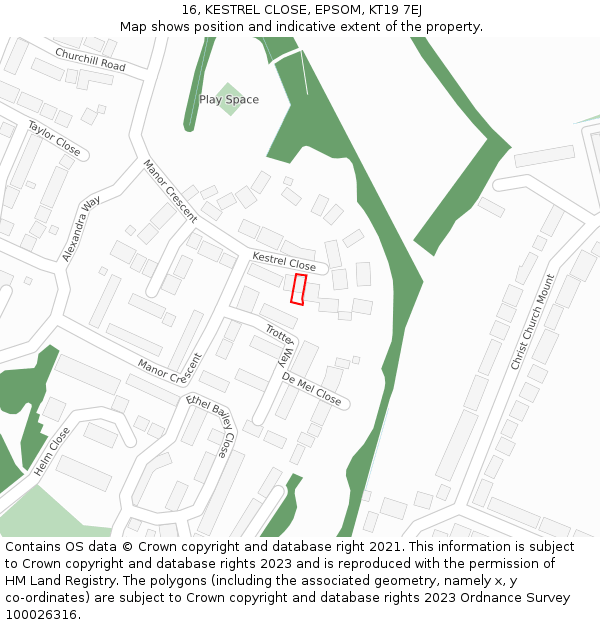 16, KESTREL CLOSE, EPSOM, KT19 7EJ: Location map and indicative extent of plot