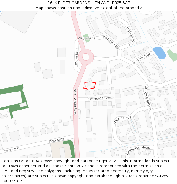 16, KIELDER GARDENS, LEYLAND, PR25 5AB: Location map and indicative extent of plot