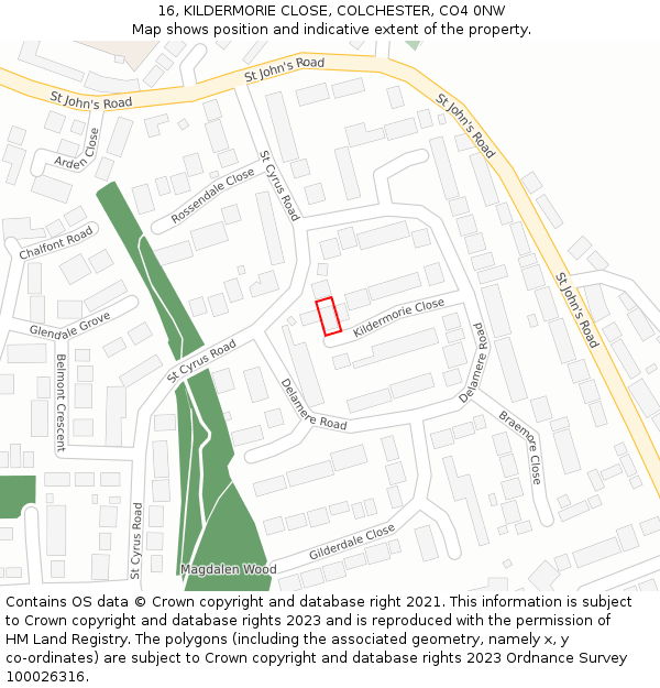16, KILDERMORIE CLOSE, COLCHESTER, CO4 0NW: Location map and indicative extent of plot