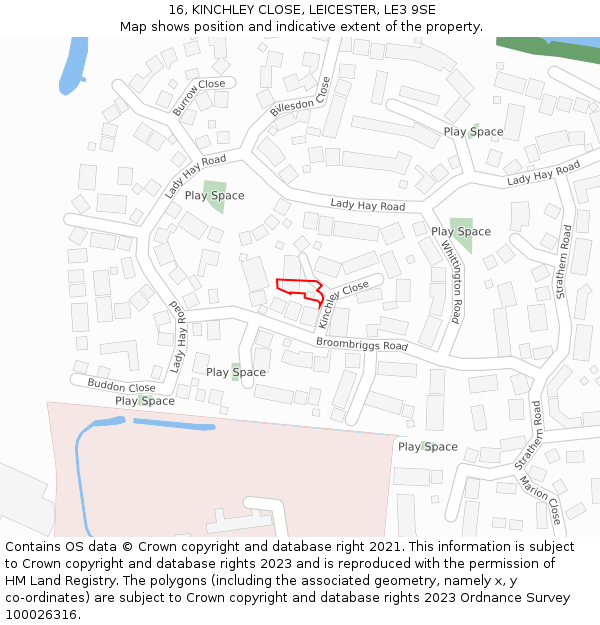 16, KINCHLEY CLOSE, LEICESTER, LE3 9SE: Location map and indicative extent of plot
