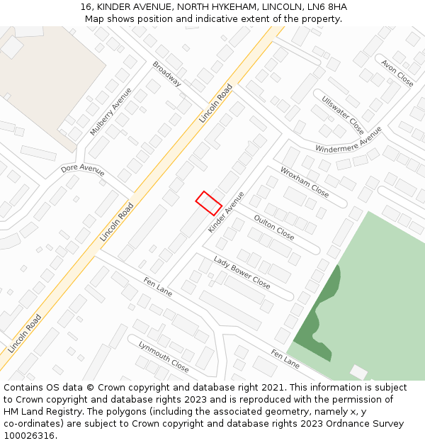 16, KINDER AVENUE, NORTH HYKEHAM, LINCOLN, LN6 8HA: Location map and indicative extent of plot