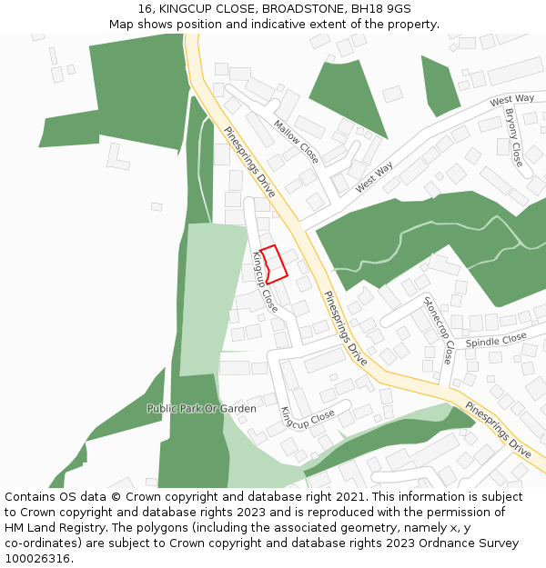 16, KINGCUP CLOSE, BROADSTONE, BH18 9GS: Location map and indicative extent of plot