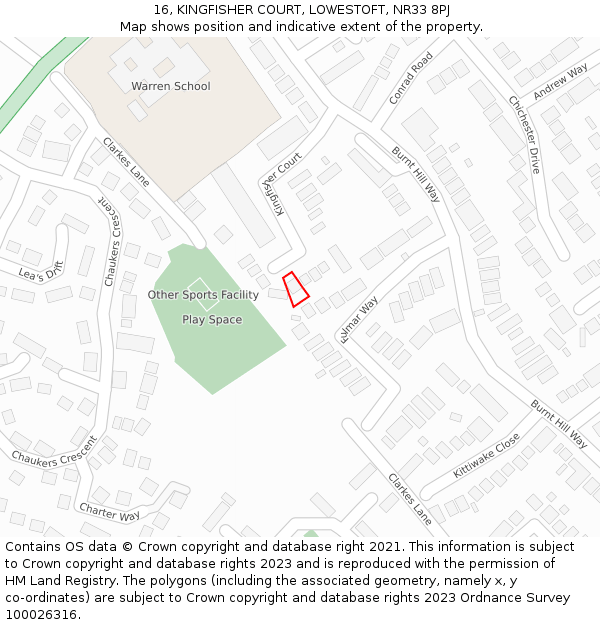 16, KINGFISHER COURT, LOWESTOFT, NR33 8PJ: Location map and indicative extent of plot