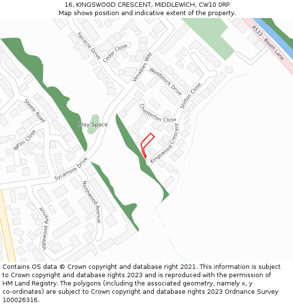 16, KINGSWOOD CRESCENT, MIDDLEWICH, CW10 0RP: Location map and indicative extent of plot