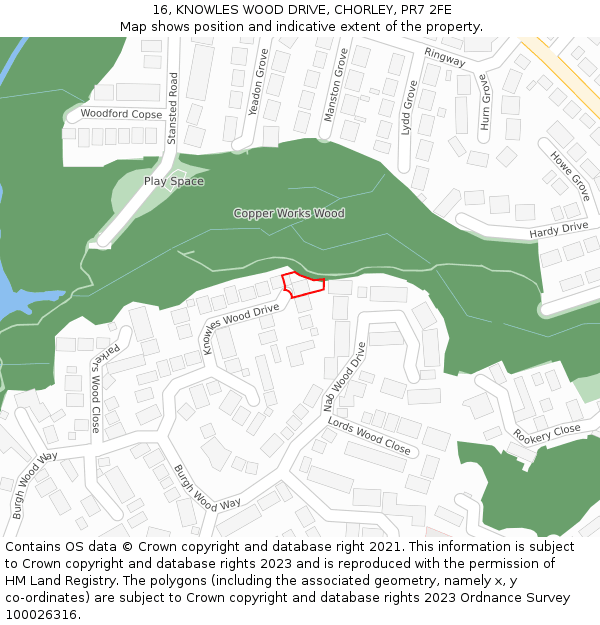 16, KNOWLES WOOD DRIVE, CHORLEY, PR7 2FE: Location map and indicative extent of plot