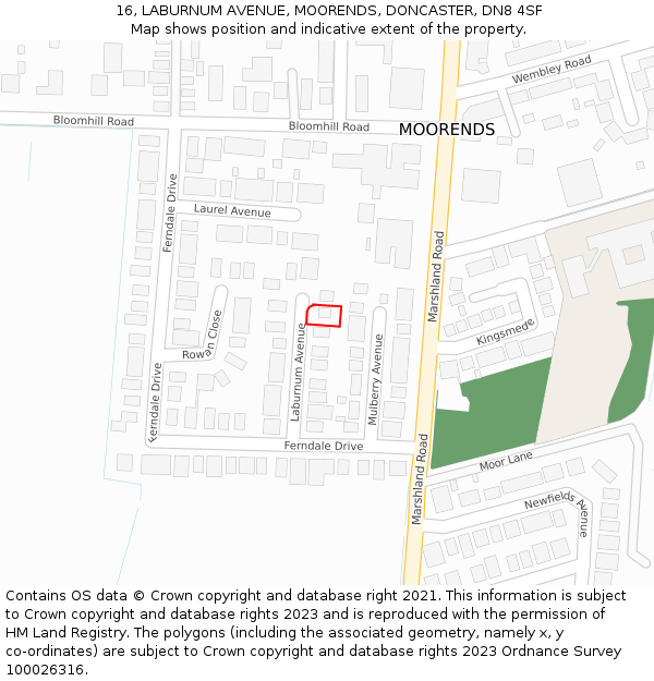 16, LABURNUM AVENUE, MOORENDS, DONCASTER, DN8 4SF: Location map and indicative extent of plot