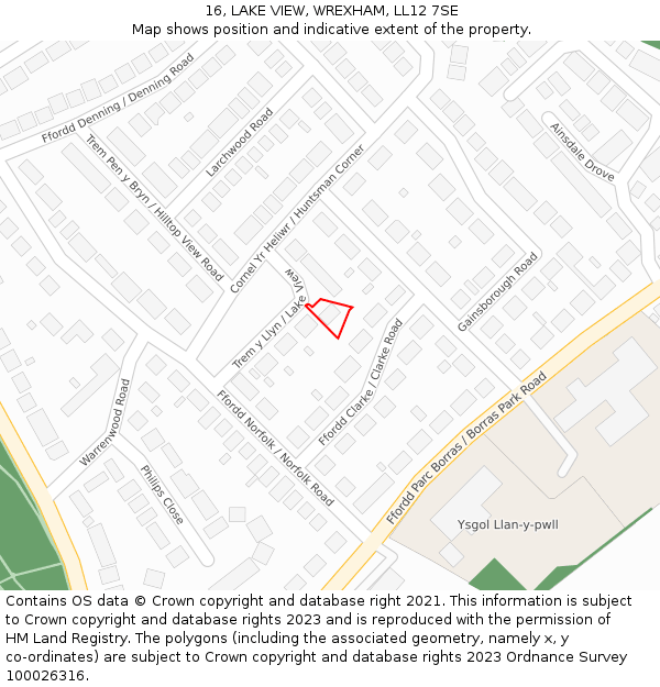 16, LAKE VIEW, WREXHAM, LL12 7SE: Location map and indicative extent of plot