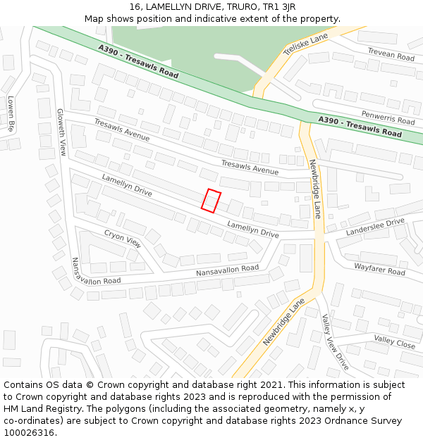 16, LAMELLYN DRIVE, TRURO, TR1 3JR: Location map and indicative extent of plot