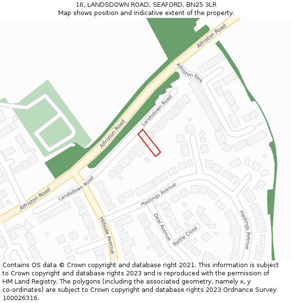 16, LANDSDOWN ROAD, SEAFORD, BN25 3LR: Location map and indicative extent of plot