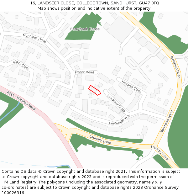 16, LANDSEER CLOSE, COLLEGE TOWN, SANDHURST, GU47 0FQ: Location map and indicative extent of plot