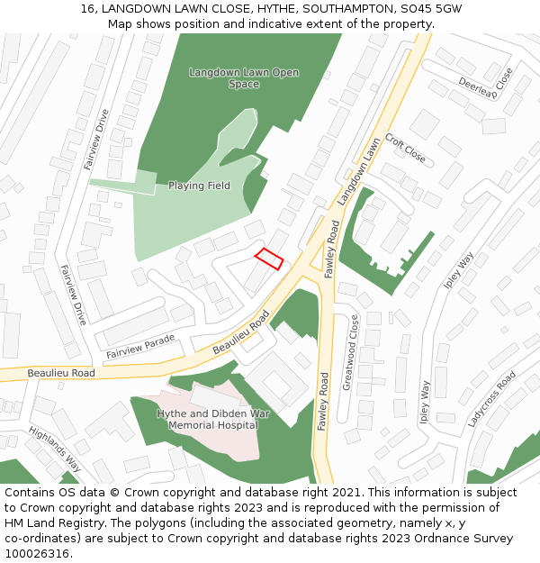 16, LANGDOWN LAWN CLOSE, HYTHE, SOUTHAMPTON, SO45 5GW: Location map and indicative extent of plot