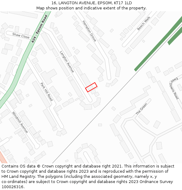 16, LANGTON AVENUE, EPSOM, KT17 1LD: Location map and indicative extent of plot