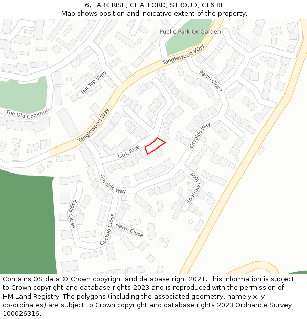 16, LARK RISE, CHALFORD, STROUD, GL6 8FF: Location map and indicative extent of plot