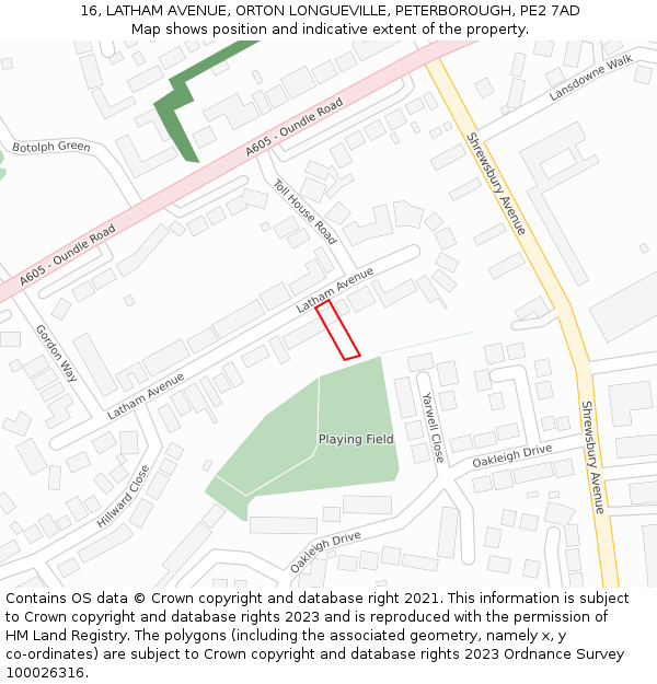 16, LATHAM AVENUE, ORTON LONGUEVILLE, PETERBOROUGH, PE2 7AD: Location map and indicative extent of plot