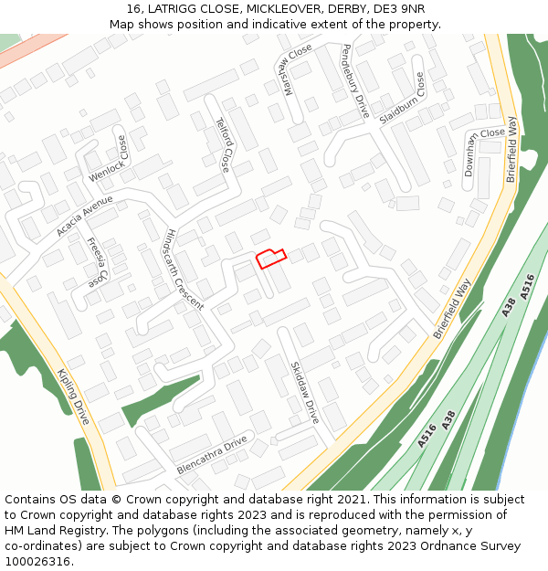 16, LATRIGG CLOSE, MICKLEOVER, DERBY, DE3 9NR: Location map and indicative extent of plot
