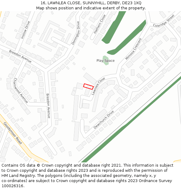 16, LAWNLEA CLOSE, SUNNYHILL, DERBY, DE23 1XQ: Location map and indicative extent of plot