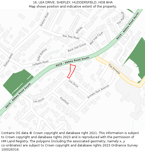 16, LEA DRIVE, SHEPLEY, HUDDERSFIELD, HD8 8HA: Location map and indicative extent of plot