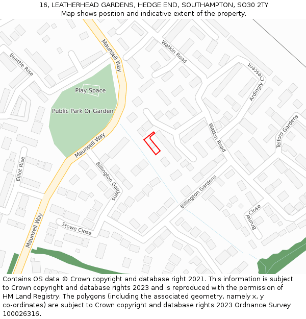 16, LEATHERHEAD GARDENS, HEDGE END, SOUTHAMPTON, SO30 2TY: Location map and indicative extent of plot