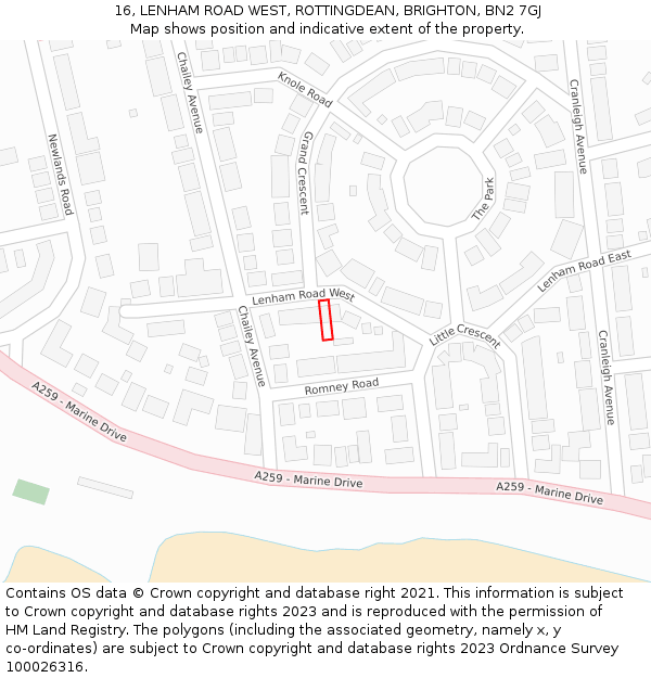 16, LENHAM ROAD WEST, ROTTINGDEAN, BRIGHTON, BN2 7GJ: Location map and indicative extent of plot