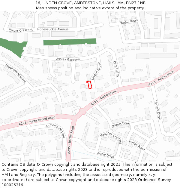 16, LINDEN GROVE, AMBERSTONE, HAILSHAM, BN27 1NR: Location map and indicative extent of plot