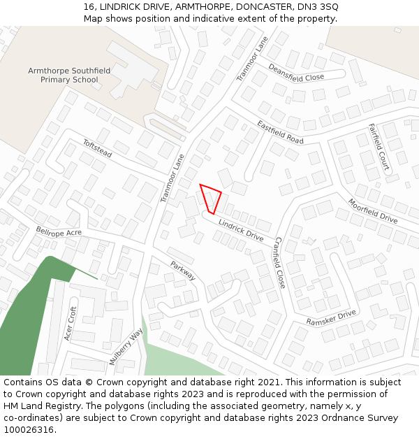 16, LINDRICK DRIVE, ARMTHORPE, DONCASTER, DN3 3SQ: Location map and indicative extent of plot