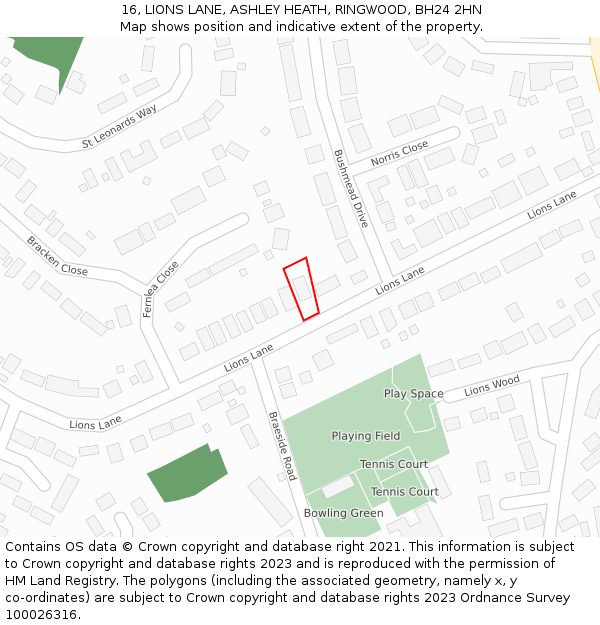 16, LIONS LANE, ASHLEY HEATH, RINGWOOD, BH24 2HN: Location map and indicative extent of plot