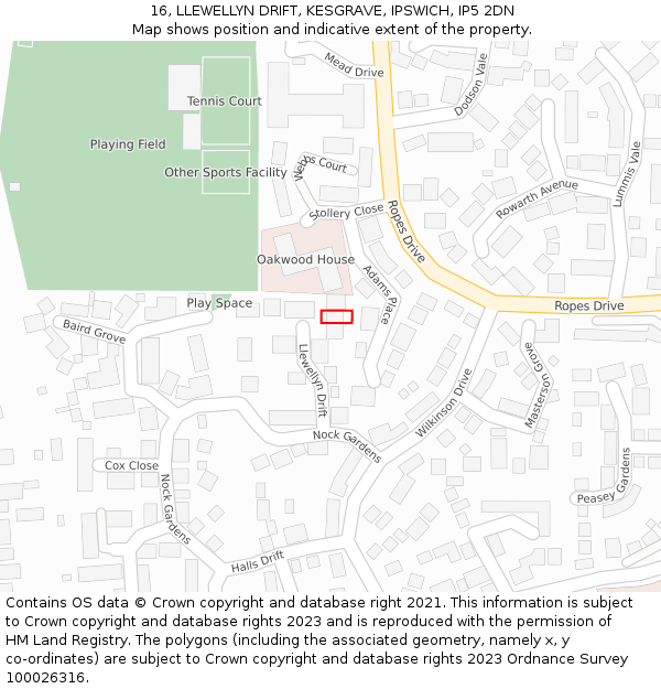 16, LLEWELLYN DRIFT, KESGRAVE, IPSWICH, IP5 2DN: Location map and indicative extent of plot