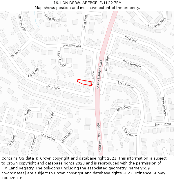 16, LON DERW, ABERGELE, LL22 7EA: Location map and indicative extent of plot