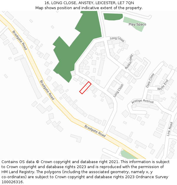 16, LONG CLOSE, ANSTEY, LEICESTER, LE7 7QN: Location map and indicative extent of plot