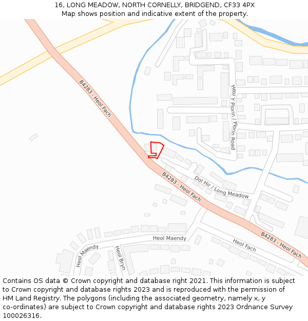 16, LONG MEADOW, NORTH CORNELLY, BRIDGEND, CF33 4PX: Location map and indicative extent of plot