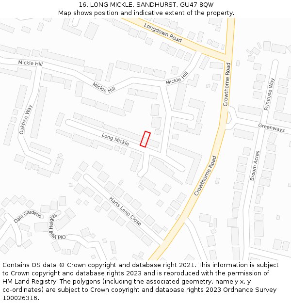 16, LONG MICKLE, SANDHURST, GU47 8QW: Location map and indicative extent of plot