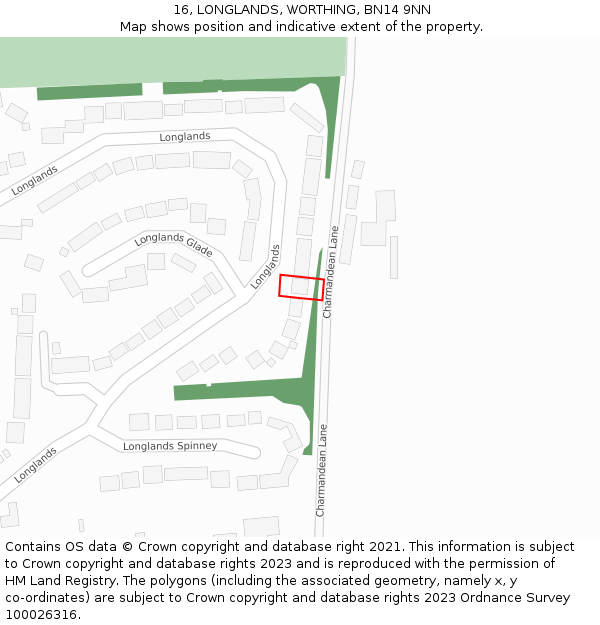 16, LONGLANDS, WORTHING, BN14 9NN: Location map and indicative extent of plot