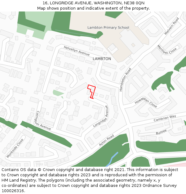 16, LONGRIDGE AVENUE, WASHINGTON, NE38 0QN: Location map and indicative extent of plot