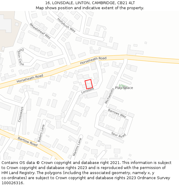 16, LONSDALE, LINTON, CAMBRIDGE, CB21 4LT: Location map and indicative extent of plot